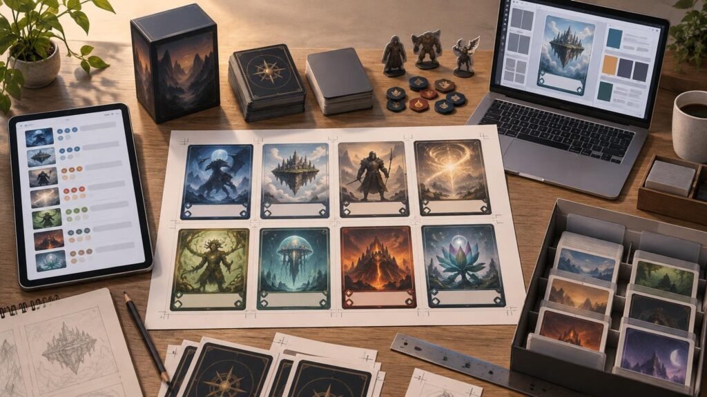 Wide overhead view of a tabletop card-printing workflow with a laptop and tablet showing card layouts, a central sheet of eight fantasy illustrated cards with crop marks, stacks of cards, a storage box with dividers, game tokens, miniatures, and a ruler on a wooden desk.