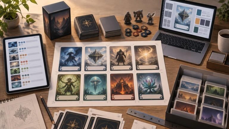 Wide overhead view of a tabletop card-printing workflow with a laptop and tablet showing card layouts, a central sheet of eight fantasy illustrated cards with crop marks, stacks of cards, a storage box with dividers, game tokens, miniatures, and a ruler on a wooden desk.