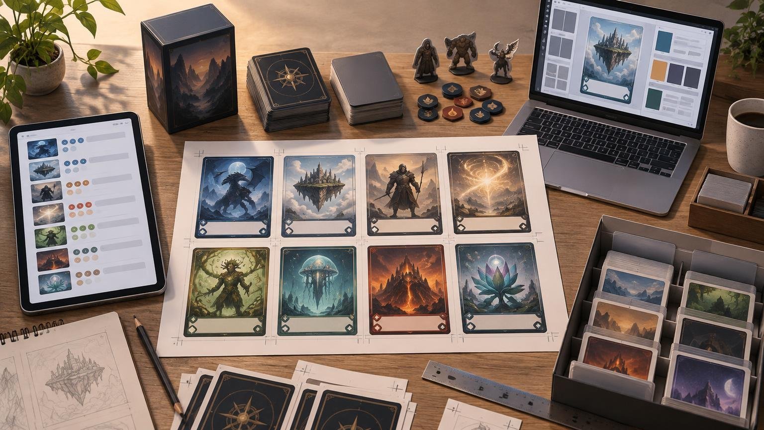 Wide overhead view of a tabletop card-printing workflow with a laptop and tablet showing card layouts, a central sheet of eight fantasy illustrated cards with crop marks, stacks of cards, a storage box with dividers, game tokens, miniatures, and a ruler on a wooden desk.