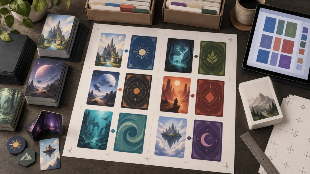 Overhead view of a tabletop card-printing workspace with a large sheet of paired fantasy card fronts and patterned backs, stacked cards, labeled divider boxes, a tablet showing colored card-layout blocks, blank registration-mark sheets, and a ruler.