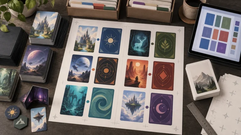 Overhead view of a tabletop card-printing workspace with a large sheet of paired fantasy card fronts and patterned backs, stacked cards, labeled divider boxes, a tablet showing colored card-layout blocks, blank registration-mark sheets, and a ruler.