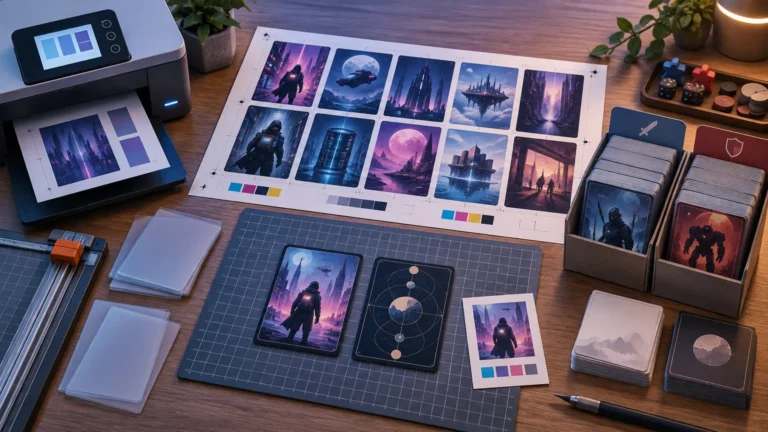 Overhead view of a tabletop card-printing workspace with a printer, sci-fi card art test sheets with crop marks and color swatches, card stacks in small boxes, sleeves, a paper trimmer, and a cutting mat.