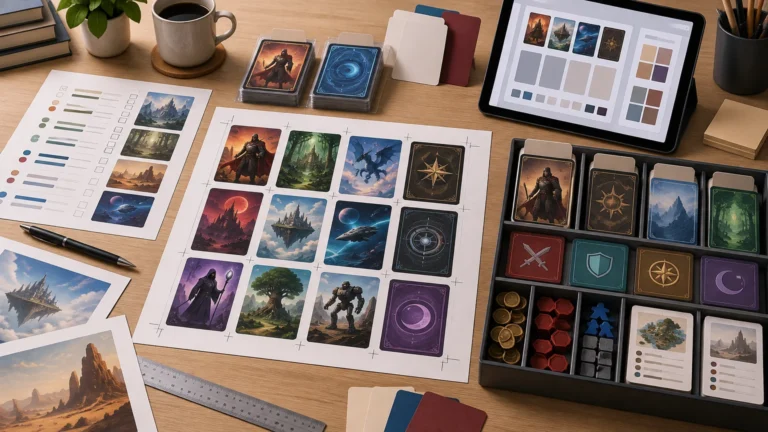 Wide overhead view of a wooden desk set up for tabletop card-game printing: a cut-marked sheet of illustrated fantasy and science-fiction cards, stacked decks, blank dividers, a compartmentalized organizer with cards and tokens, sample art sheets, a ruler, and a tablet showing card-layout and color blocks.