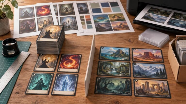 Wide tabletop scene of fantasy card print sheets, a stack of illustrated cards, loose landscape cards, card sleeves, a storage box, ruler, cutting mat, magnifier, and a printer.