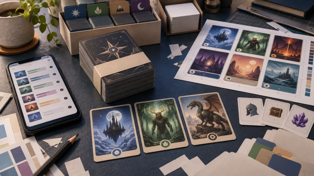 Wide tabletop scene showing a phone with a card-list layout, stacks of illustrated fantasy cards in divider boxes, a printed sheet of six card designs, loose token cards, color swatches, and paper-trimming tools.