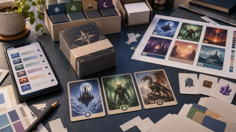 Wide tabletop scene showing a phone with a card-list layout, stacks of illustrated fantasy cards in divider boxes, a printed sheet of six card designs, loose token cards, color swatches, and paper-trimming tools.