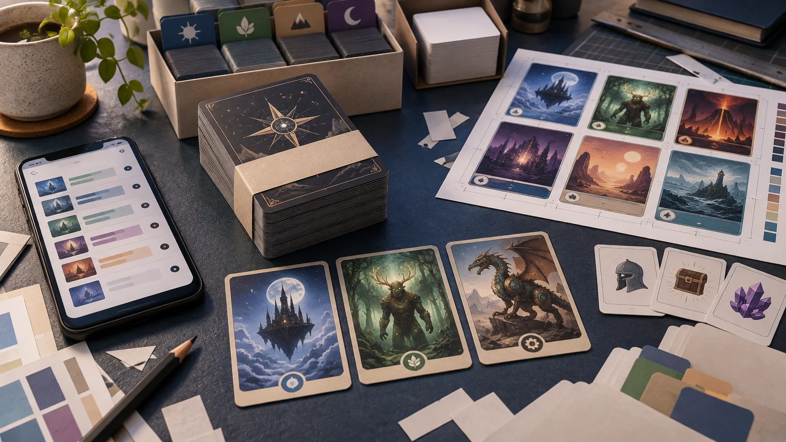 Wide tabletop scene showing a phone with a card-list layout, stacks of illustrated fantasy cards in divider boxes, a printed sheet of six card designs, loose token cards, color swatches, and paper-trimming tools.