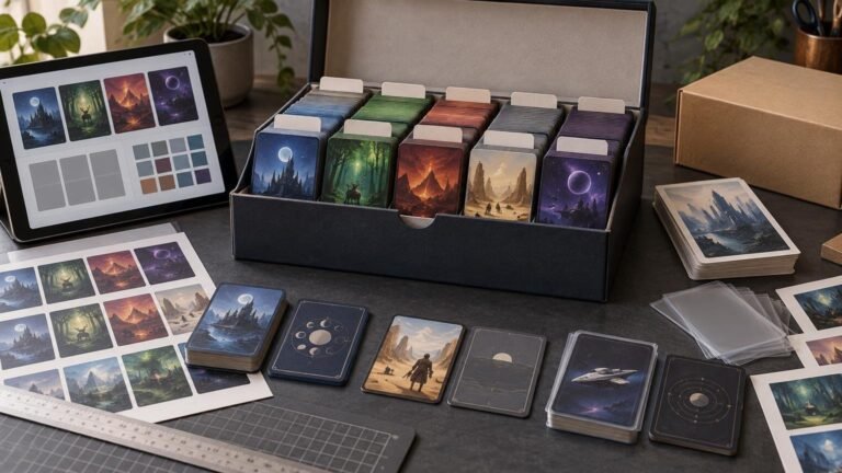 Tabletop card-printing workflow with a tablet showing fantasy art layouts, printed sheets, sleeved cards, and an open organizer box holding color-grouped decks.